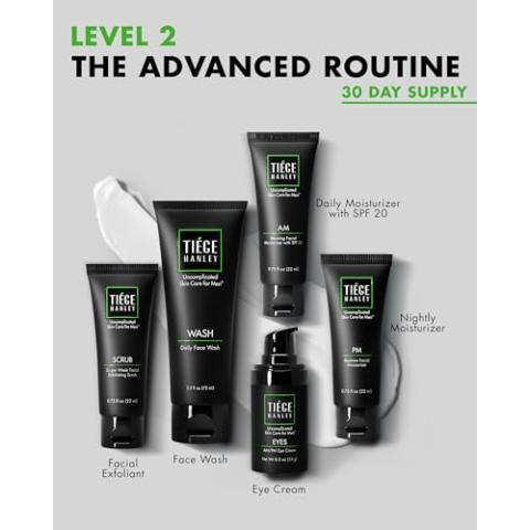Tiege Hanley Mens Skin Care Set, Advanced Skin Care Routine for Men (System Level 2) - Face Wash Kit for Fines Lines - Men's Skincare Set Includes Face Wash, Facial Scrub, Moisturizer, & Eye Cream