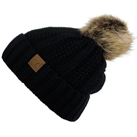 C.C Thick Cable Knit Faux Fuzzy Fur Pom Fleece Lined Skull Cap Cuff Beanie, Black