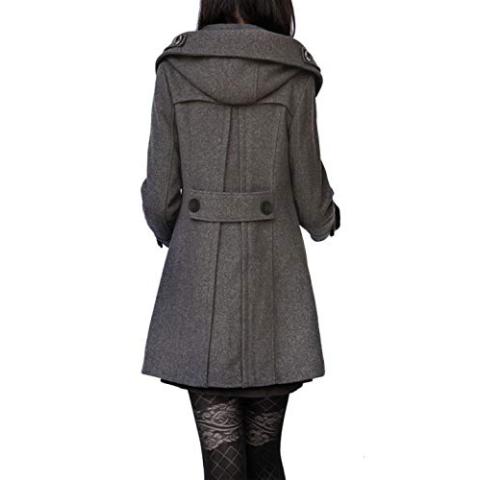 Tanming Women's Warm Double Breasted Wool Pea Coat Trench Coat Jacket with Hood (Grey-L)