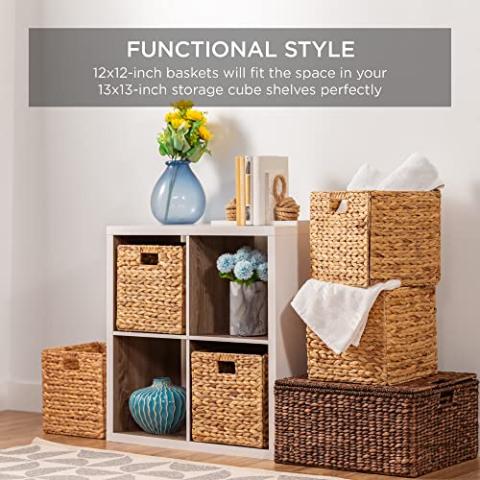 Best Choice Products 12x12in Hyacinth Baskets, Rustic Set Of 5 Multipurpose Collapsible Storage Organizer, Handwoven Laundry Totes for Bedroom, Living Room, Shelves w/Inserts - Natural