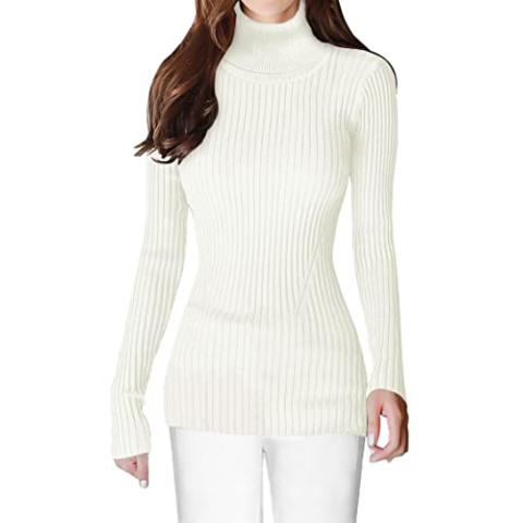 v28 Women Stretchable Turtleneck Knit Long Sleeve Slim Fit Sweater (S,White)