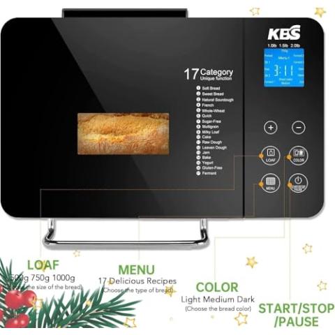 KBS Pro Stainless Steel Bread Machine, 2LB 17-in-1 Programmable XL Bread Maker with Fruit Nut Dispenser, Nonstick Ceramic Pan& Digital Touch Panel, 3 Loaf Sizes 3 Crust Colors, Reserve& Keep Warm Set