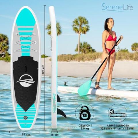 SereneLife Stand up Paddle Board Inflatable - Non-Slip SUP Paddle Board Paddle, Pump, Leash, and Accessories - Fun Water inflatable paddle board for Adults and Youth with Wide Stable Design