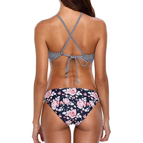 beautyin Womens Floral Striped Halter High Neck Bikini Swimsuit Set Cross Back