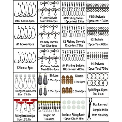 Fishing Accessories Kit with Hooks Bass Casting Sinkers Fishing Swivels Snaps Sinker Slides Fishing Line Beads Fishing Set with Tackle Box Lanyard