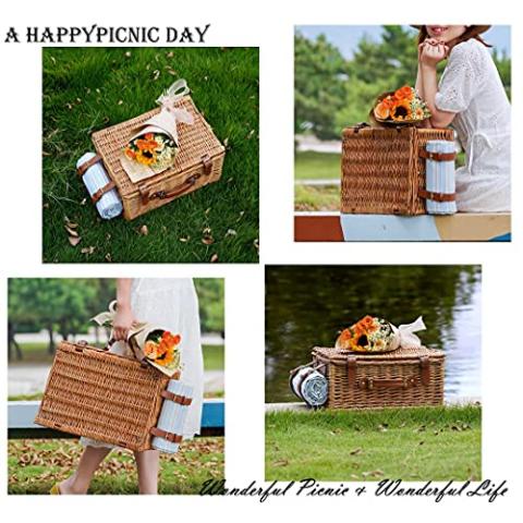 HappyPicnic Wicker Picnic Basket Set for 4 Persons | Large Willow Hamper with Large Insulated Cooler Compartment, Free Waterproof Blanket and Cutlery Service Kit-Classical Brown