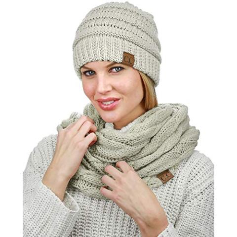 C.C Unisex Soft Stretch Chunky Cable Knit Beanie and Infinity Loop Scarf Set, Beige