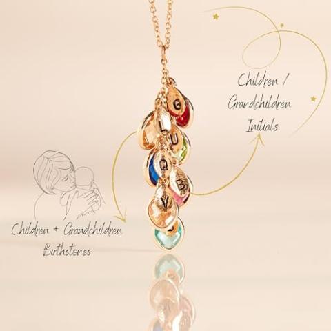 Birthstone Necklace for Women Mother's Day gift for Mom Daughter Grandma Kids Initials Grandchild Personalized Family Jewelry - BSON-L-D