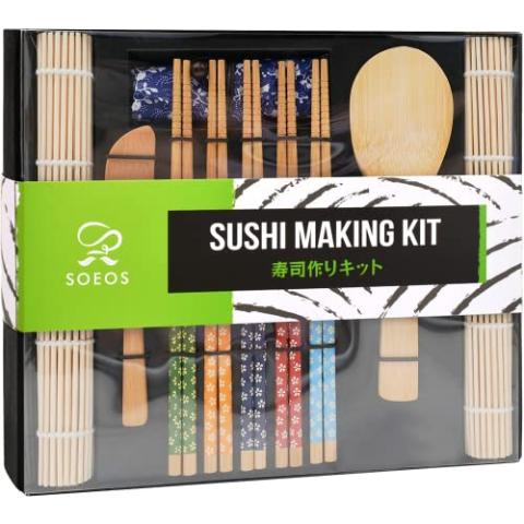 Soeos Beginner Sushi Making Kit, Sushi Making Kit for Beginners with 2 Sushi Rolling Mats, 5 Pairs Chopsticks, 1 Paddle, 1 Spreader, 1 Cotton Bag, Sushi Making Kit Gift Set, Sushi Maker Kit