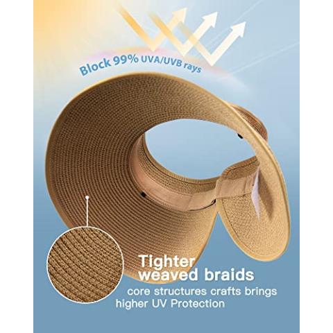 FURTALK Sun Visor Hats for Women Wide Brim Straw Roll-Up Ponytail Summer Beach Hat UV UPF Packable Foldable Travel
