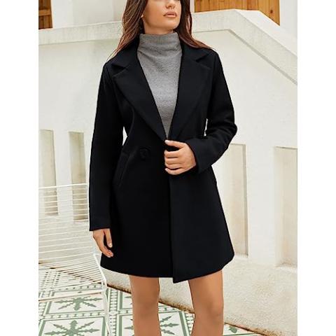 Springrain Women's Wool Pea Coat Notched Collar Double Breasted Midi Long Trench Coat Outwear (Black, M)