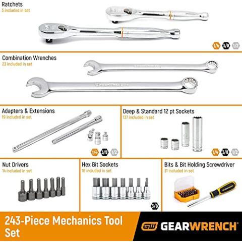 GEARWRENCH 243 Pc. 12 Pt. Mechanics Tool Set in 3 Drawer Storage Box - 80972