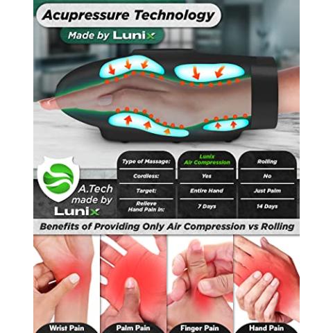 Lunix LX3 Cordless Electric Hand Massager with Compression, 6 Levels Pressure Point Therapy Massager for Arthritis, Pain Relief, Carpal Tunnel and Finger Numbness, Shiatsu Massage Machine with Heat