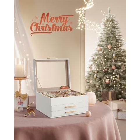 SONGMICS Jewelry Box with Glass Lid, 3-Layer Jewelry Organizer, 2 Drawers, for Big and Small Jewelry, Jewelry Storage, Modern Style, 8 x 9.1 x 5.3 Inches, Cloud White and Gold Color UJBC239WT