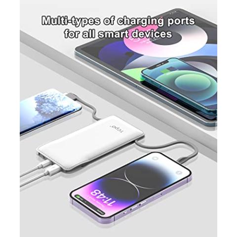Cell Phone Portable Charger with Built in Lightning and Android Cables Power Bank 10000mah External Battery Packs, USB-C Portable Battery Backup Charger Compatible with iPhone16/15 and Android Phones