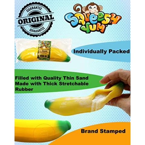 JA-RU Stretchy Banana Toys (1 Banana) Super Squishy Fidget Toy for Kids & Adult. Sand-Filled Rubber Banana Toy. Stress & Anxiety Relief Autism Sensory Toys. Stretchy Fruit Bulk Party Favor 3340-1-p