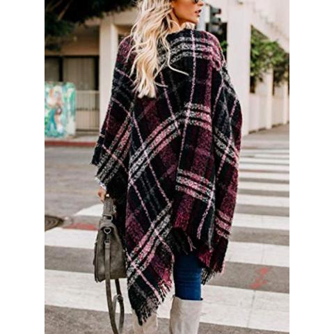 VIMPUNEC Women Boho Buffalo Plaid Poncho Pashmina Shawl Wrap Cape Sweater Knitting Cardigan with Tassel
