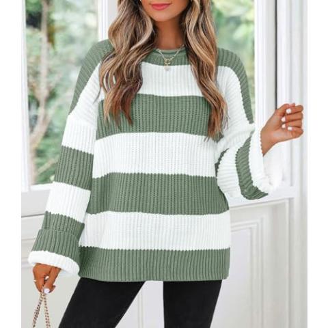 ZESICA Women's 2024 Fall Long Sleeve Crew Neck Striped Color Block Comfy Loose Oversized Knitted Pullover Sweater,Green,Medium