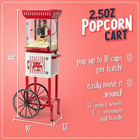 Nostalgia Popcorn Maker Machine - Professional Cart With 2.5 Oz Kettle Makes Up to 10 Cups - Vintage Popcorn Machine Movie Theater Style - Red & White
