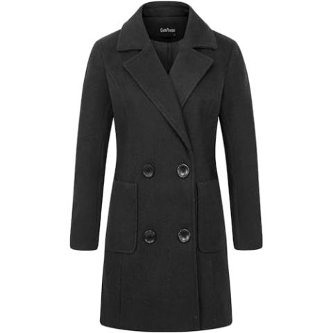 chouyatou Women Elegant Notched Collar Double Breasted Wool Blend Over Coat (Large, Black)