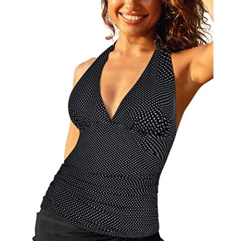 Hilor Women's Plunging V Neck Halter Swim Tops Shirred Tankini Top
