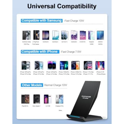 Fast Wireless Charger, [2 Pack] NANAMI Qi Certified Wireless Charging Stand Compatible iPhone 16/16 Pro/16 Pro Max/15/14/13/12/11 Pro, Phone Charger for Galaxy S24/S23/S22/S21/S20 and Qi-Enabled Phone