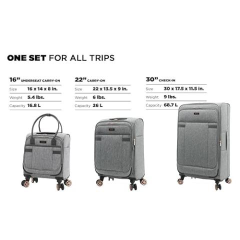 kensie Hudson Softside Spinner Luggage, Heather Gray, 3-Piece Set (16/20/28)