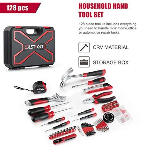Eastvolt 128-Piece Home Repair Tool Set, Tool Sets for Homeowners, General Household Hand Tool Set with Storage Toolbox, EVHT12801, Black + Red (ASK01)