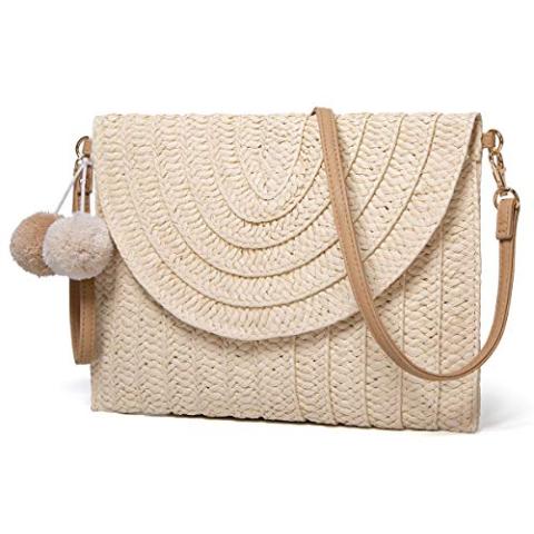 Straw Shoulder Bag Straw Clutch Women Hand-woven PomPom Straw Crossbody Bag Summer Beach Envelope Purse Wallet