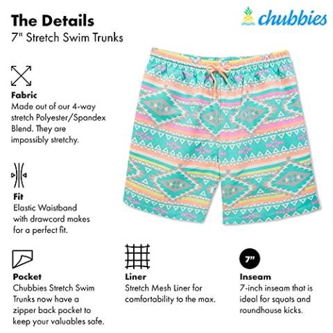 Chubbies Men’s Swim Shorts, Stretch Swimming Board Trunks, Beach Shorts, Quick Dry, 7 Inch Inseam