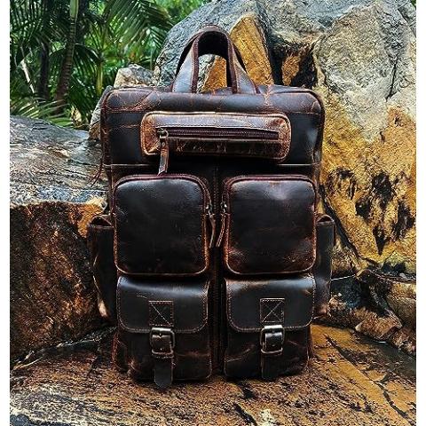 Buffalo Leather Backpack Multi Pockets Daypack Travel Laptop Bag for Men Women