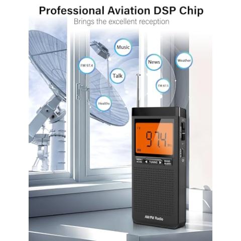 AM FM Portable Radio Personal Radio with Excellent Reception Battery Operated by 2 AAA Batteries with Stero Earphone, Large LCD Screen, Digtail Alarm Clock Radio