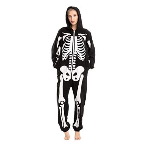 Spooktacular Creations Skeleton Costume, Unisex Adult Skeleton Pajamas, Plush Skeleton Hoodie Zippered Skeleton Jumpsuit, One Piece Halloween Costume Sleepwear for Cosplay Themed Parties (Large)