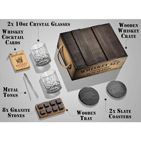 Mixology Whiskey Gift Set, Whiskey Glass Set with Rustic Wooden Crate, 8 Granite Whiskey Rocks Chilling Stones, 10oz Whiskey Glasses, Gift for Men, Dad, Husband, Boyfriend - Jameson Dark Brown