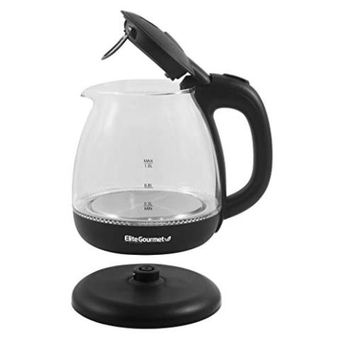 Elite Gourmet EKT1001 Electric 1.0L BPA-Free 1100W Glass Kettle Cordless 360° Base, Stylish Blue LED Interior, Handy Auto Shut-Off Function – Quickly Boil Water For Tea & More, Black