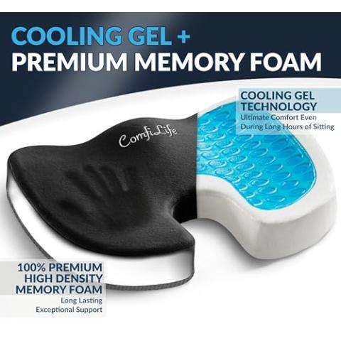ComfiLife Gel Enhanced Seat Cushion – Office Chair Cushion – Non-Slip Gel & Memory Foam Coccyx Cushion for Tailbone Pain - Desk Chair Car Seat Cushion Driving - Sciatica & Back Pain Relief (Black)