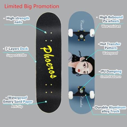 Skateboards -Standard Skateboards for Kids Boys Girls Youths Beginners Starter-Complete Skate Boards 31''x 8''Canadian Maple Pro Cruiser