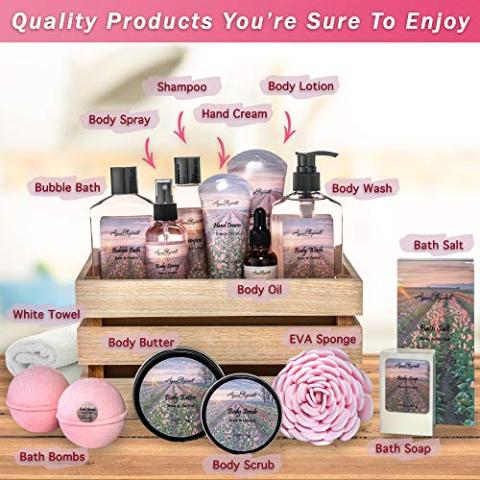 Bath Spa Gift Sets - Luxury Basket With Rose Oil & Orchid - Spa Kit Includes Wash, Bubble Bath, Lotion, Bath Salts, Body Scrub, Body Spray, Shower Puff, Bathbombs, Soap and Towel