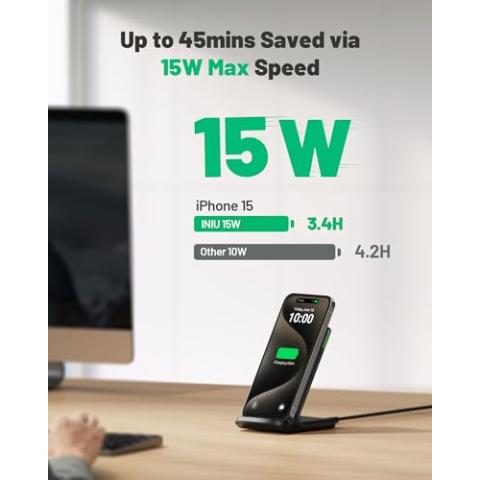 INIU Wireless Charger, 15W Fast Qi-Certified Wireless Charging Station with Sleep-Friendly Adaptive Light Compatible with iPhone 16 15 14 13 Pro XS 8 Plus Samsung Galaxy S23 S22 S21 Note 20 Google etc