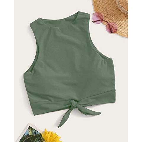 Women's Cut Out Tie Knot Front Scoop High Neck Tank Crop Top Bikini Swimsuit Top Only