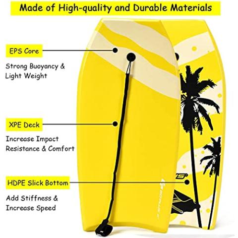 Goplus Boogie Boards for Beach, 41''/37''/33'' Lightweight Body Board with EPS Core, XPE Deck, HDPE Slick Bottom, Wrist Leash, Bodyboard for Kids Adults Surfing