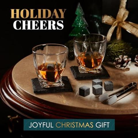 Whiskey Glasses Set of 2 with Whiskey Stones & Coasters – Whiskey Set Gifts for Men – Bourbon Glass – The Whiskey Gift for Men Dad Boss Boyfriend on Retirement, Anniversary & Birthday