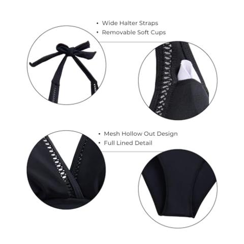 Tempt Me Women Sexy Halter One Piece Swimsuits Mesh Hollow Out Tummy Control Monokini V Neck Bathing Suit