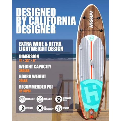Highpi Inflatable Stand Up Paddle Board 11'x33''x6''W Premium SUP Accessories, Backpack, Wide Stance, Surf Control, Non-Slip Deck, Leash, Paddle and Pump,Standing Boat for Youth & Adult
