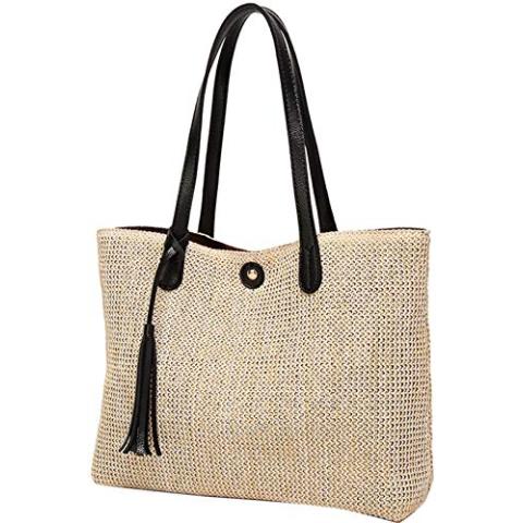 QZUnique Straw Handbags Women's Summer Beach Straw Bucket Tote Bag Straw Woven Handbag Tassel Shoulder Bag Purse