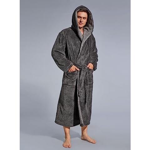 SlumberMee Mens Fleece Plush Robe with Hood Ultra Soft Fluffy Full Length Long with Pockets Luxurious House Coat (Dark Gray, M)