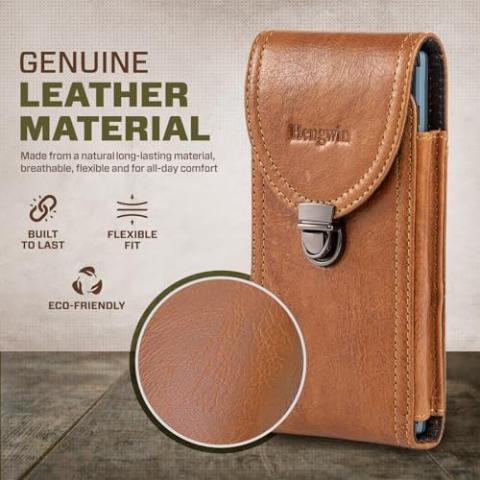 Hengwin Genuine Leather Cell Phone Holster Fits for iPhone 16 Pro Max 15 Pro Max 14 Pro Max 13 Pro Max Samsung S24 Ultra S23 Ultra Holster Belt Case with Belt Clip/Loop Phone Holder for Men (Brown)