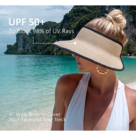 Joywant Sun Visor Hats for Women, Women's Summer Ponytail Foldable Straw Beach Hat with UPF 50+