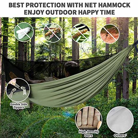 Camping Hammock - Hammocks with Mosquito Net Tent and Rain Fly Tarp, Portable Single & Double Nylon Parachute Hammock with Heavy Duty Tree Strap, Indoor Outdoor Backpacking Survival Travel