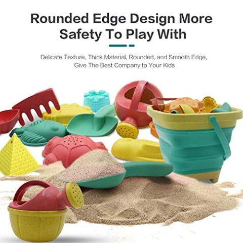 Beach Toys for Kids - Sand Toys Set includes Collapsible Sand Bucket Shovel and Sand Rake Toys for Beach 12 PCS, Sandbox Toys Sandcastle Building Kit with Waterproof Net (A)